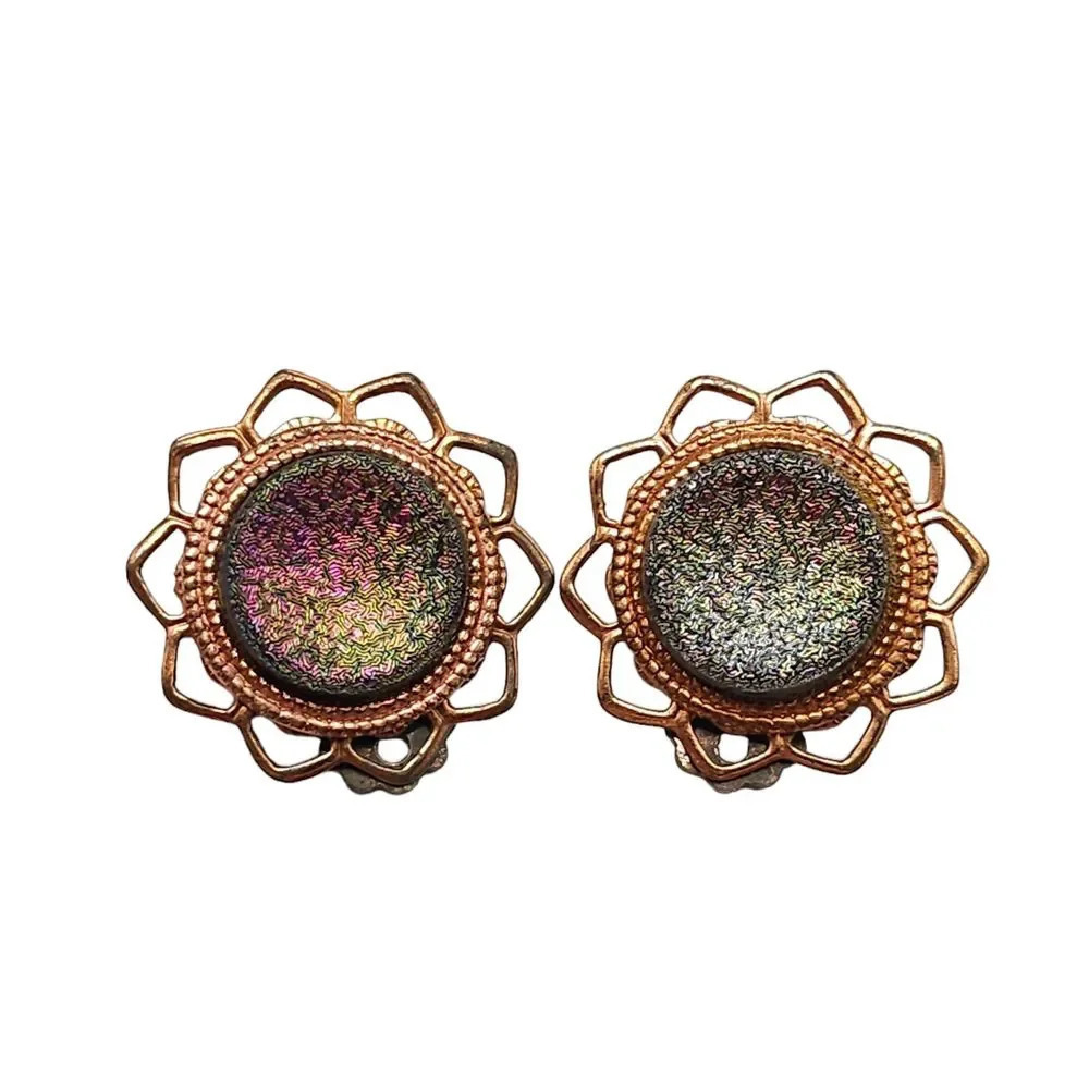 Faux Druzy Openwork Flower Earrings Clip-On Closure Gold Tone Vintage
